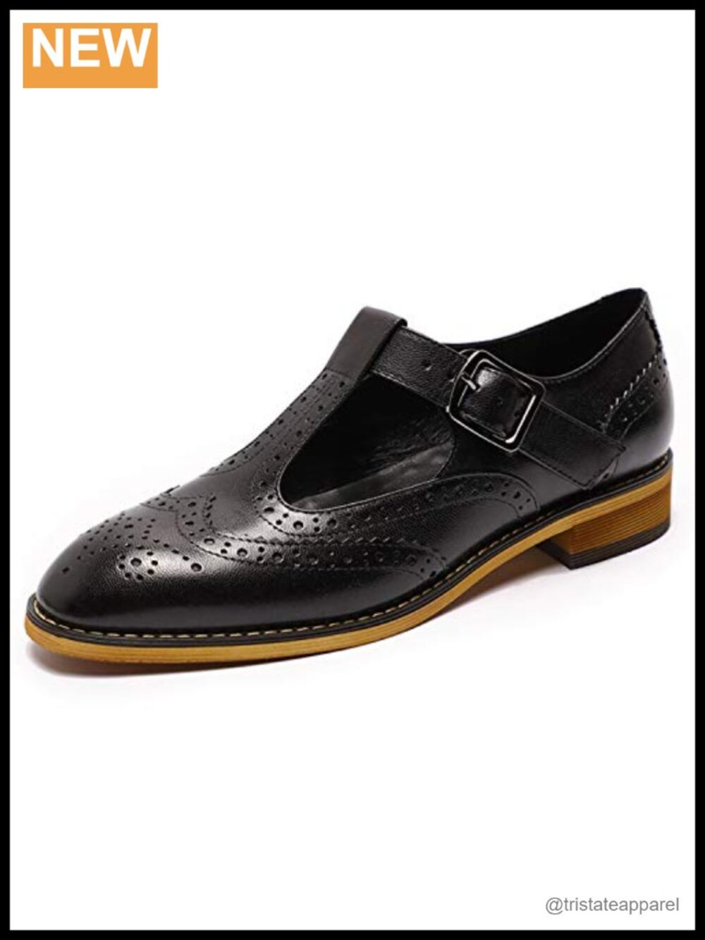 Women's Sheepskin Leather T-Strap Mary Jane Brogue Wingtip Oxfords